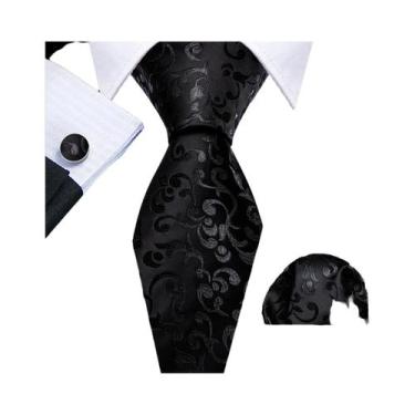 Imagem de Conjunto de Gravata e Abutões Masculinos - Seda Jacquard Preto, Branco