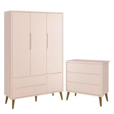 Imagem de Jogo de Quarto Infantil Theo Retrô Guarda Roupa 3 Portas e Cômoda Rosa