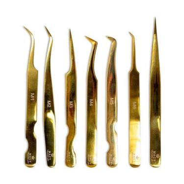 Imagem de Kit 7 Pinças Para Extensão de Cilios Fio a Fio Volume Russo Cor Dourad