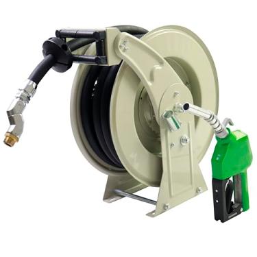 Imagem de MENAITEK Carretel de mangueira de combustível com bocal de combustível automático, giratório de mangueira de combustível, retrator retrátil de carretel de mangueira diesel de 3/10.2 cm x 50 pés