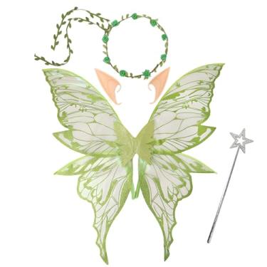 Imagem de Snycler Asas de fada para adultos e meninas, conjunto de fantasia de fada com guirlanda floral, varinha e orelhas de elfo asas de borboleta, Verde, Tamanho Único