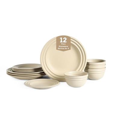 Imagem de Stone Lain Conjunto de louça Zen Stoneware de 12 peças, serviço para 4, bege, inclui salada, pratos e tigelas, acabamento de areia texturizada, pode ir ao micro-ondas e à máquina de lavar louça