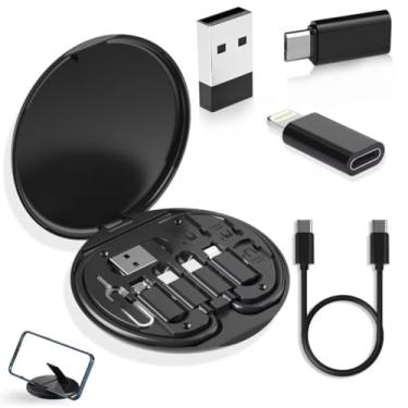 Imagem de Kit de Adaptadores USB com Estojo, Conjunto de Carregamento com Suporte para Celular, Cabos Type-C e Lightning, Preto