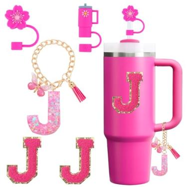 Imagem de QUNNDY Conjunto de acessórios para copo Stanley Cup 850.5 g 1,134.0 g copo com alça, incluindo tampa de cobertura de palha de silicone, pingente de alça, adesivo de iniciais fúcsia (J)