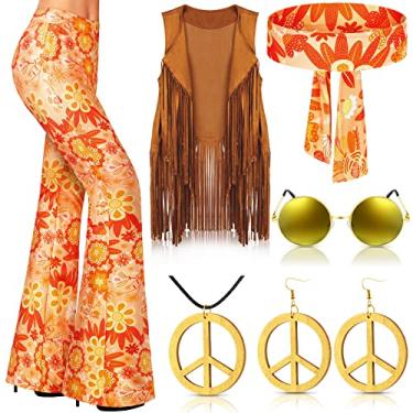 Imagem de Haull Conjunto de 7 peças de roupas femininas hippie discoteca dos anos 60, 70, conjunto de fantasia de Halloween, calça rodada, colete com franja, sinal de paz, Multicor, Small