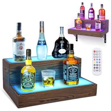 Imagem de Prateleira de vinho com luz LED para exibição de garrafa de licor montada na parede, vitrine de garrafa de bar iluminada acrílica de 2 camadas, prateleira flutuante, iluminação RGB para festa de bar