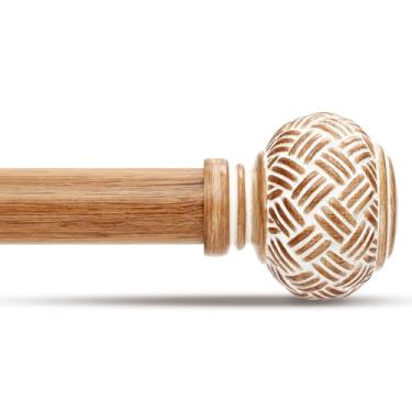 Imagem de JRZOO Varões de cortina de madeira para janelas de 182 a 144 cm, hastes decorativas rústicas ajustáveis de 2,5 cm de diâmetro, com acabamentos de imitação de grão de madeira boho, tamanho: 76 cm a 364