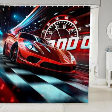 Imagem de Feelyou Cortina de chuveiro de carro de corrida 183 x 198 cm, à prova d'água, esportes radicais, conjunto de cortina de chuveiro para banheiro para crianças, meninos, meninas, carro de corrida,