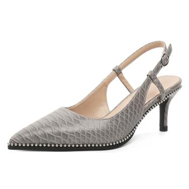 Imagem de AUMOTED Sapatos femininos de salto baixo com salto slingback bico fino salto frisado 6,3 cm elegante escarpin elegante, Cobra cinza, 38
