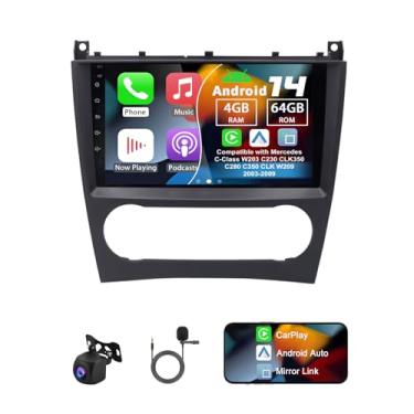 Imagem de Slakerbe Rádio veicular Android 14 compatível com Mercedes C-Class W203 C230 CLK350 C280 C350 CLK W209 2003-2009, 4G + 64G tela sensível ao toque de 9 polegadas com câmera de backup Carplay Android