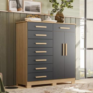 Imagem de Cômoda 8 Gavetas 2 Portas Com Cabideiro Verona Nature/titanium