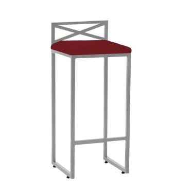 Imagem de Banqueta Alta Com Encosto Ema Balcão Bar Cozinha Bistrô Ferro Prata Suede Vermelho