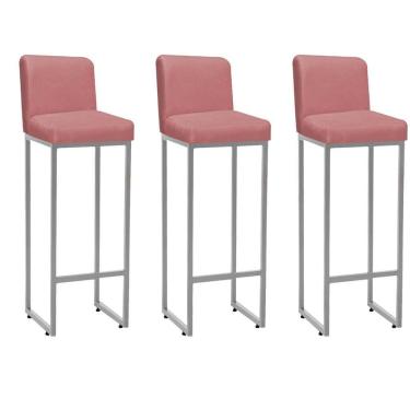 Imagem de Kit 03 Banqueta Alta Com Encosto Lucca Industrial Cozinha Balcão Bistrô Ferro Prata Suede Rose Gold