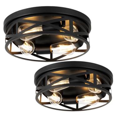 Imagem de WYNEYET Luminárias Embutidas De 13" Para Teto, Pacote Com 2 Estilo Fazenda, 4 Luzes, Gaiola Metal Preta, Semi-Ajustável Casa, Corredor, Cozinha E Quarto