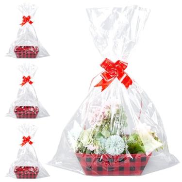 Imagem de SOFPLATE Pacote com 5 cestas de presente DIY, cesta de papelão, vazia com sacos plásticos transparentes, fitas, bandeja quadriculada, caixas, suprimentos para encher para adultos, aniversários, Natal