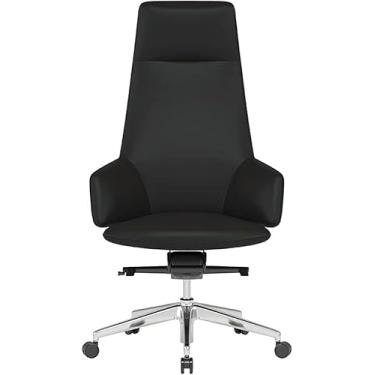 Imagem de Cadeira De Mesa De Couro Elegante, Cadeira De Computador Ergonômica Sedentária Respirável Confortável, Cadeira De Escritório Giratória Executiva Fácil De Montar, Black-