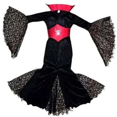 Imagem de Fantasia Vampira Infantil Drácula Halloween, Vestido Longo Preto com Detalhes em Renda (m)