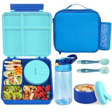 Imagem de Lancheira infantil bentô com pote térmico para sopa de 236 ml, garrafa de água, à prova de vazamento, com 4 compartimentos, pote de comida quente isolado com lancheira para escola, viagem (azul)