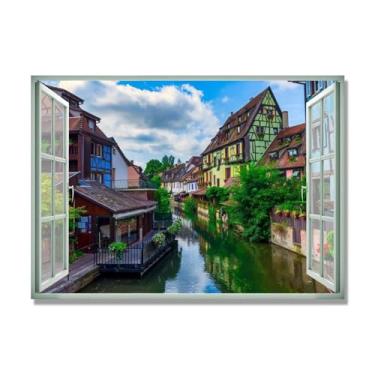 Imagem de Janela de arte de parede com impressão em tela. Vista de janela falsa. Impressão de imagem natural em tela. Arte de parede para sala de estar (rio de cidade pequena) 70 x 98 cm - 27,5 x 38,6 pol sem