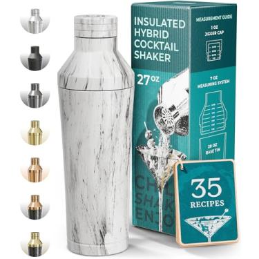 Imagem de Conjunto de coqueteleira isolada | Aço inoxidável de parede dupla | Coqueteleira para bar doméstico | Sistema de medição de bebida e coador, bolsa de viagem, 35 receitas | Conjunto de presente