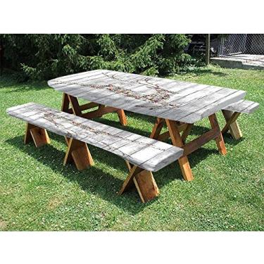 Imagem de Toalha de mesa ajustada para cervos, conjunto de 3 peças, silhueta de animal colorido, vários elementos natalinos, tema de pranchas de madeira, para festas de piquenique ao ar livre, 76 x 182 cm,