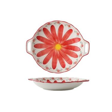 Imagem de Placa de cerâmica com flores pintadas à mão, placa de bife para churrasco ao ar livre de orelha dupla - vermelho