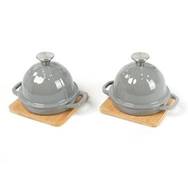 Imagem de HAWOK Assador De Alho Em Ferro Fundido Esmaltado Com Bandeja Bambu, 5 Polegadas, Churrasqueira, Mini Cocotte, Conjunto 2, Cinza