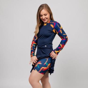 Imagem de Maiô Vestido Feminino com Manga Raglan Longa Estampada Com Short com B