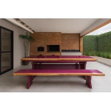 Imagem de Mesa de Jantar Rústica Tampão (3,0Mts x 0,90mts x 5,5cm), com 02 Bancos em Madeira Maciça de Roxinho (3,0mts x 36cm x 4cm), Acabamento em Verniz Natural, Pés formato Taça, 10 a 12 Lugares.