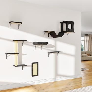 Imagem de NUNU LAB Móveis para gatos montados na parede, 6 peças de prateleiras de parede para gatos com casa de condomínio, ponte, degraus, arranhador, rede, móveis internos seguros e estáveis para brincar com