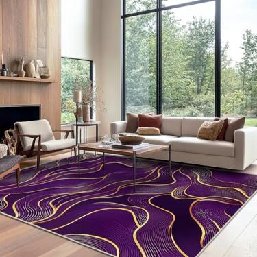 Imagem de Tapete moderno de 22 x 30,5 cm roxo dourado para sala de estar, interior, lavável à máquina, tapetes abstratos para quarto, sala de jantar, tapete grande, antiderrapante, antiderrapante para