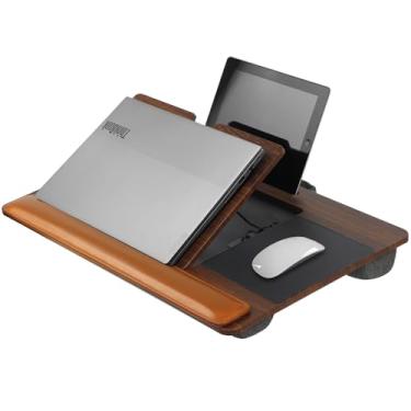 Imagem de Mesa de colo de ângulo ajustável com almofada de pulso de couro - Mesa de colo de madeira para laptop com almofada, serve para laptops de até 43 cm, mesa portátil para laptops para cama, almofada de