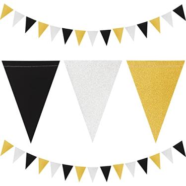 Imagem de Decorações de festa de ouro prata preta - Pacote com 2 bandeiras triangulares de papel decoração masculina mulher feliz aniversário 40 anos 50 anos 60 anos 70 anos 80 anos decoração de aniversário de casamento aposentadoria