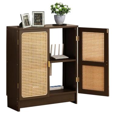 Imagem de Armário de armazenamento de piso de vime com portas, caixa de armazenamento de roteador WiFi de bambu com prateleiras ajustáveis, armários duplos modernos para banheiro e sala de estar (nogueira, 27,6