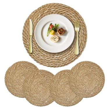 Imagem de MCSDFN Jogo americano redondo de tecido americano de 10 a 30 cm Boho Rattan - Jogo americano natural de jacinto de água tecido à mão para pratos de jantar, mesa de jantar, casa