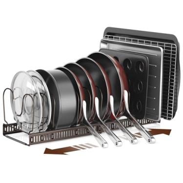 Imagem de ORDORA Organizador de panelas e frigideiras: sob o armário, 29 cm a 58 cm extensível 12 divisórias ajustáveis Rack organizador de panela/panela para organizador de armário de cozinha - bronze