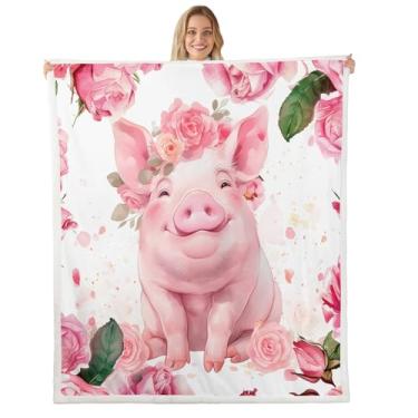 Imagem de Cobertor infantil adorável de porco, cobertor de cama sonhador de rosas e flores para meninas e mulheres, animal de desenho animado fofo cobertor de lã rústico, cobertor felpudo romântico rosa
