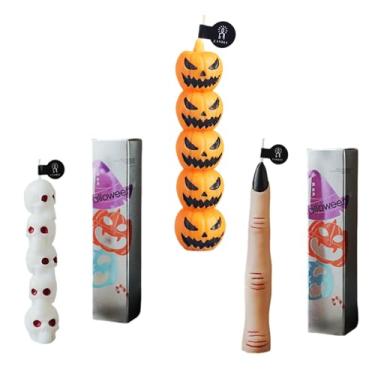 Imagem de Pacote com 3 velas cônicas de Halloween, 10,7 cm de altura com dedo de abóbora e crânio, velas perfumadas de Halloween, castiçais afunilados de terror, conjunto de velas assustadoras para decoração de