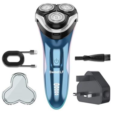 Imagem de SweetLF Barbeador elétrico para homens, 120 min de barbear, adaptador rápido do Reino Unido (carregamento 1H), 100% à prova d'água, barbeadores rotativos úmidos e secos para homens com aparador pop-up