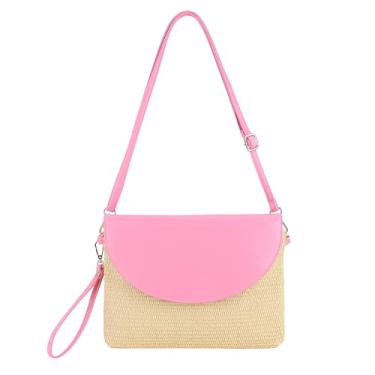 Imagem de Bolsa de ombro feminina de palha casual para praia, rosa, One Size, Bolsa de ombro
