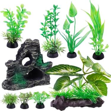Imagem de NiHome Conjunto realista de decoração de plantas artificiais de aquário com 9 peças, madeira flutuante com base pesada, montanha rochosa e plantas aquáticas, ornamentos de vegetação de paisagem