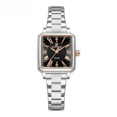 Imagem de NAVIFORCE Relógios dourados para mulheres, vestido feminino à prova d'água, pulseira com mostrador romano, caixa quadrada, Prata + preto