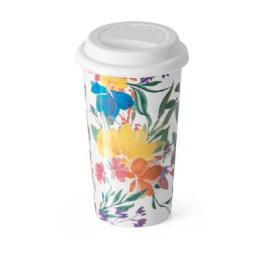 Imagem de Caneca de café floral para viagem, copo de flores de 340 g com tampa, copo de viagem de cerâmica, garrafa de água com linda estampa em aquarela - buquê de flores vintage para mulheres, irmã amigas