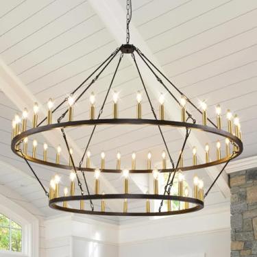 Imagem de Lustre de roda de vagão preto e dourado de 152 cm, luminária de sala de jantar de fazenda de 2 níveis de 54 luzes, iluminação de ilha de cozinha rústica redonda, lustres de foyer extragrandes para