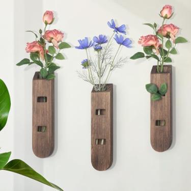 Imagem de Conjunto de 3 vasos de parede de madeira, decoração de parede de casa de fazenda e boho para entrada, corredor, sala de estar, decoração moderna de banheiro, vaso boho de madeira exclusivo para