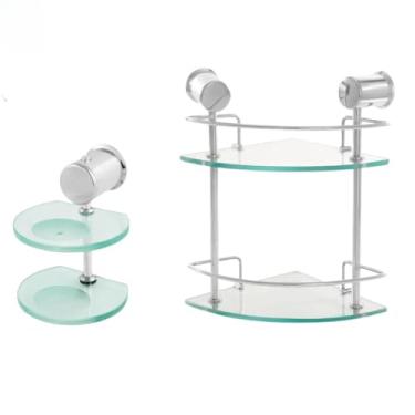 Imagem de Kit Porta Shampoo de Canto Duplo, Vidro Incolor 6mm, Alumínio e ABS, 22x12x10cm, com Saboneteira Dupla, Suporte de Parede