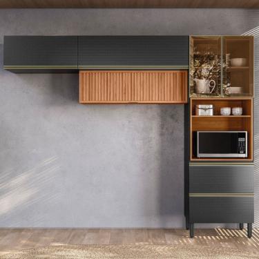 Imagem de Cozinha Completa Proença 5 Portas 2 Gavetas Ripado com Vidro Nogueira/Carbono Prime Tx - Demobile