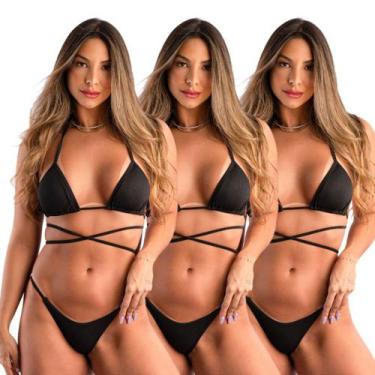 Imagem de Kit 3 Conjuntos Biquinis Cortininha Fio Dental Fita Canelado - ADRIBEN