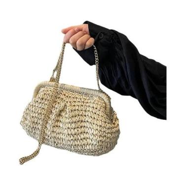 Imagem de Bolsa Crossbody de Palha para Verão - Bolsa de Ombro Feminina, Bege