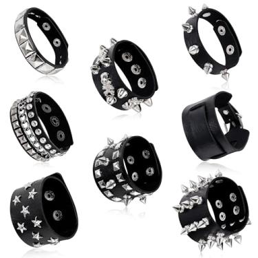Imagem de LOAYHOAY 8 peças de pulseiras cravejadas para homens e mulheres pulseira preta punk gótico pulseira de couro emo rebite ajustável rock pop anos 80 anos 90 retro botão metal envoltório pulseiras